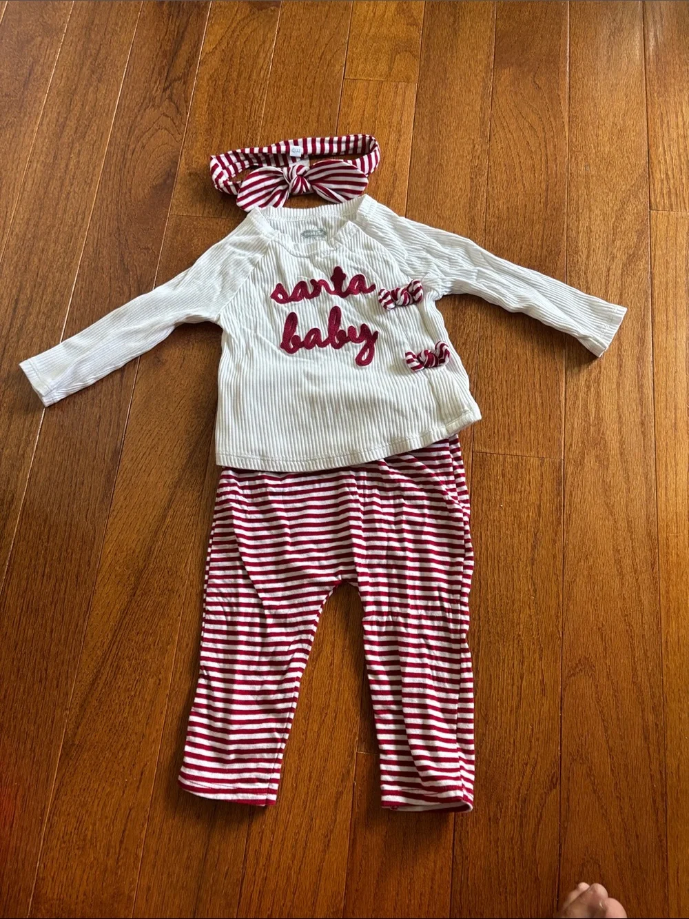 Mud Pie Red & White Striped “Santa Baby” Kids Pajama Set with Headband